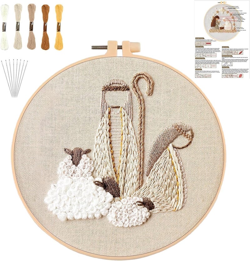 YOUDRN Nativity Scene Embroidery kit,Christmas Cross Stitch Kits,DIY Embroidery Kit for Adults with Pattern,Cotton Threads,Needles,Instruction,20cm Hoop,for Decor Home Room (Shepherds) - Image 1